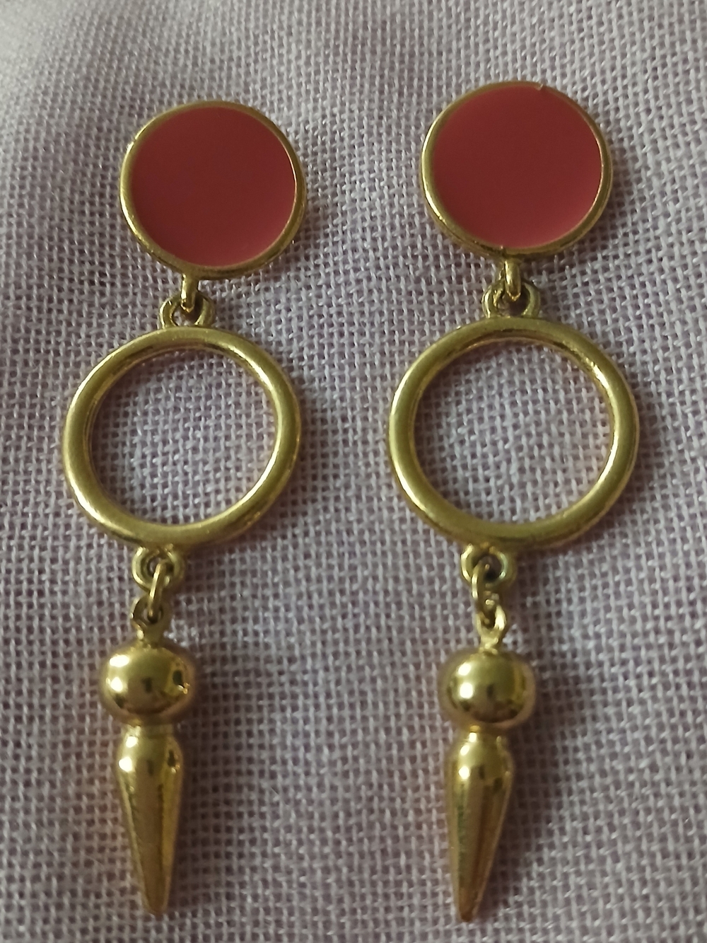 Vintage Gold Tone Drop Circle Earrings with Pink Accents